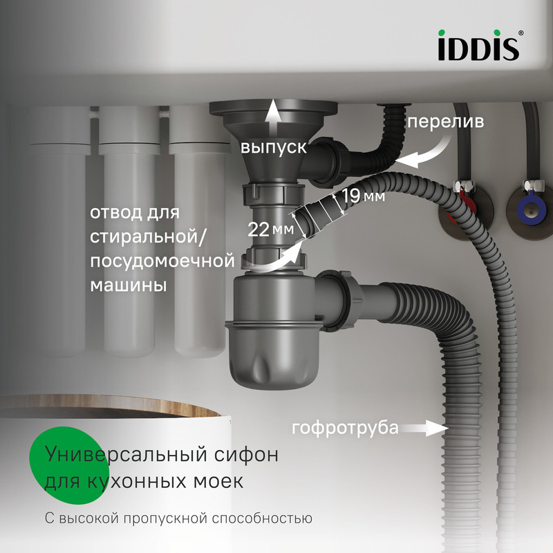Сифон бутылочный, 3.1/2x40мм, с гофротрубой, отводом и 3 переливами, IDDIS, 900CVG1P10VD Сифон бутылочный, 3.1/2x40мм, с гофротрубой, отводом и 3 переливами, IDDIS, 900CVG1P10VD