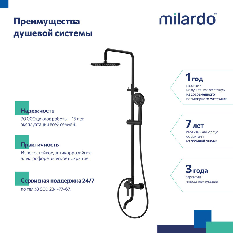 Душевая система с тропическим душем, черный матовый, Stripe, Milardo Душевая система с тропическим душем, черный матовый, Stripe, Milardo