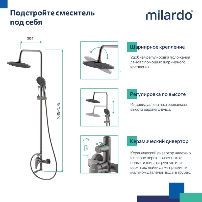 Смеситель для ванны с верхним душем, графит, Rora, Milardo Смеситель для ванны с верхним душем, графит, Rora, Milardo