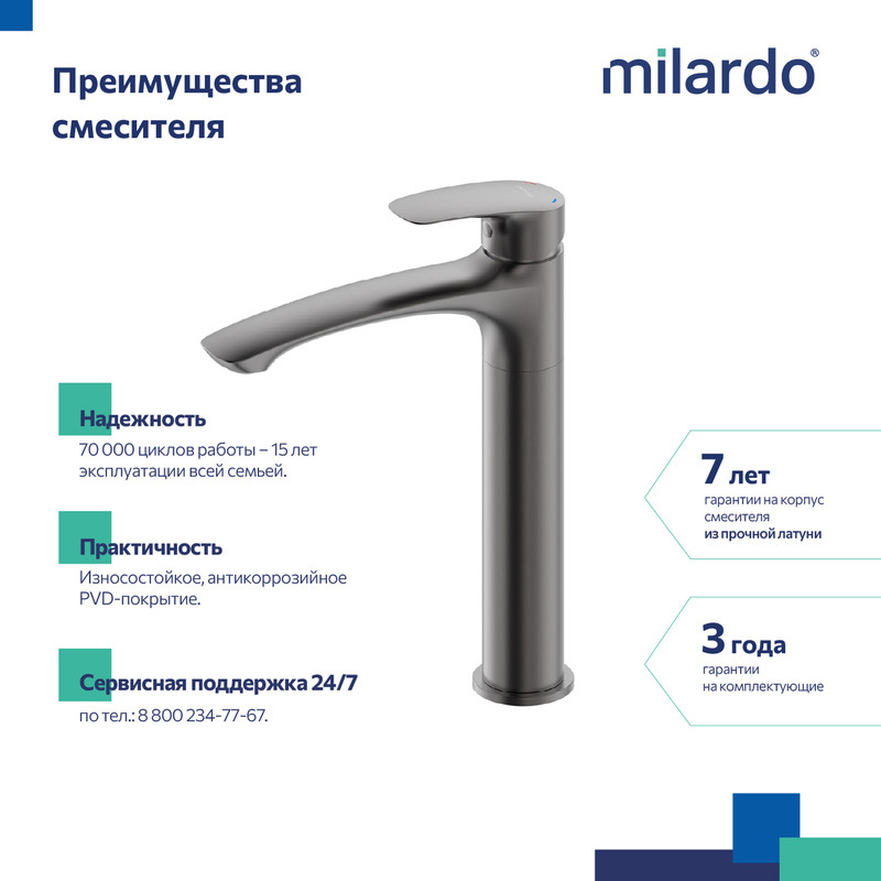 Смеситель для настольного умывальника, графит, Rora, Milardo Смеситель для настольного умывальника, графит, Rora, Milardo